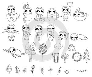 Sloth cartoon character with tree Big set outline hand drawn style, for printing,card, t shirt,banner,product.vecto
