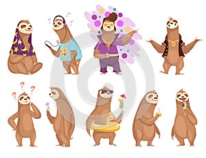 Sloth character. Cute cartoon sloth-bear character set. Funny lazy animal hand drawn clip art illustration. Jungle