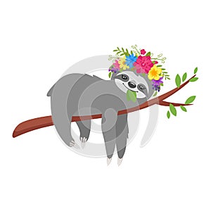 Sloth character in floral wreath