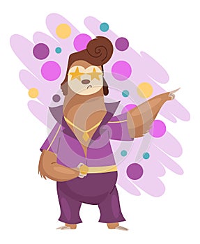 Sloth character in view of Elvis Presley. Cute cartoon sloth-bear character. Funny lazy animal, hand drawn clip art photo