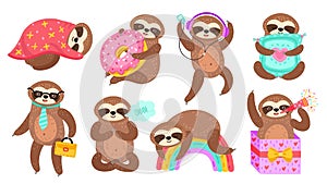 Sloth characters. Isolated sloths, lazy funny cartoon animal reading. Sleep on colorful rainbow, baby meditation dancing photo