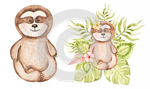 Sloth clipart. Watercolor Baby Sloth clip art, Tropical animal, Leaves Frame, Jungle Flower bouquet, Baby Shower, Kids Birthday