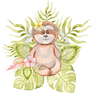Sloth clipart. Watercolor Baby Sloth clip art, Tropical animal, Leaves Frame, Jungle Flower bouquet, Baby Shower, Kids Birthday