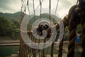 Sloth hanging on a rope of suspension bridge Generative AI