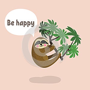Sloth hanging on tree branch. Cute cartoon character. Wild jungle animal collection. Baby education. Isolated. Flat