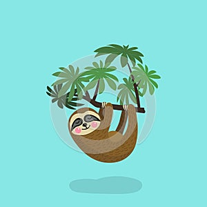 Sloth hanging on tree branch . Cute cartoon character. Wild jungle animal collection. Baby education. Isolated. Flat