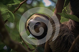 A sloth hangs in a tree