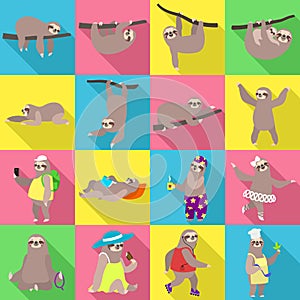 Sloth icons set, flat style