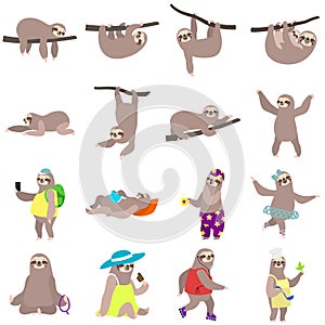 Sloth icons set, flat style