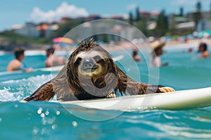 Sloth leisurely rides a surfboard in the ocean, enjoying the water and sky