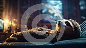 Sloth lying down on the couch in living room at night