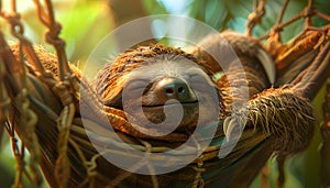 A sloth peacefully naps in a hammock among jungle trees photo