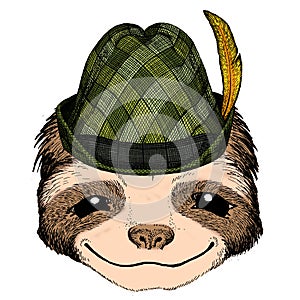 Sloth portrait. Austrian bavarian tirol hat. Beer festival. Oktoberfest. Face of cute animal.