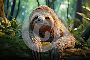 sloth poses in the rainforest photo
