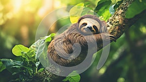 Sloth resting on tree in lush green rainforest
