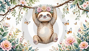 Sloth\'s Lazy Jungle Day â Watercolor Calm Jungle Scene photo