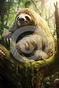 Sloth sitting on a branch in the tropical rainforest