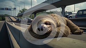 Sloth sleeping on the highway. lazy sleeping sloth, Bradypus variegatus. generative ai photo