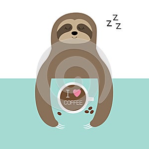 Sloth sleeping. I love coffee cup. Sleep sign zzz. Teacup on table. Top aerial view. Cute cartoon lazy baby character. Wild jungle