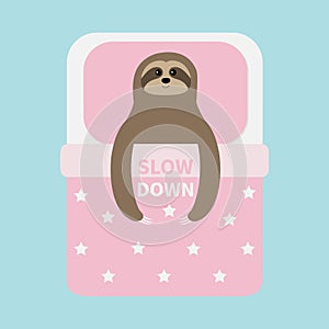 Sloth sleeping. Slow down. Cant sleep going to bed concept. Pink blanket pillow with star pattern. Cute cartoon funny kawaii lazy