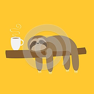 Sloth sleeping on tree branch. I love coffee cup drink. Cute lazy cartoon kawaii funny character.Slow down. Wild joungle animal