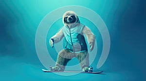 sloth on snowboard against blue studio background with snow, Generative AI