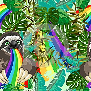 Sloth Spitting Rainbow on Rainforest Vector Seamless Pattern