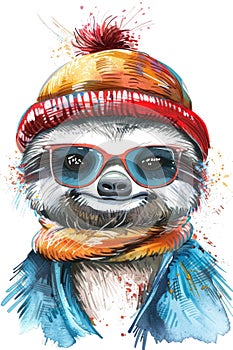 A sloth sporting a warm winter hat and colorful scarf