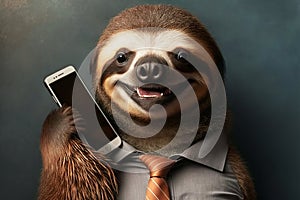 Sloth with suit and smartphone. Wearing business clothes. Generative AI. photo