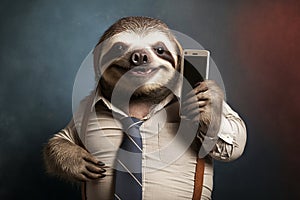 Sloth with suit and smartphone. Wearing business clothes in studio. Generative AI. photo