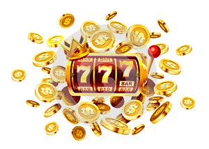 Slots 777 banner, golden coins jackpot, Casino 3d cover, slot machines and roulette with cards. Vector