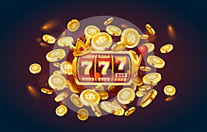 Slots 777 banner, golden coins jackpot, Casino 3d cover, slot machines and roulette with cards. Vector