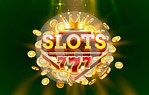 Slots 777 label frame, golden banner, border winner, Vegas game. Vector