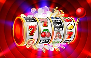 Slots 777 banner, golden coins jackpot, Casino 3d cover, slot machines. Vector