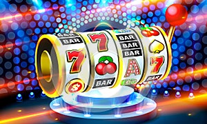 Slots 777 banner, golden coins jackpot, Casino 3d cover, slot machines. Vector