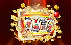 Slots 777 banner, golden coins jackpot, Casino 3d cover, slot machines. Vector