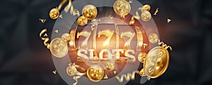 Slots creative background, Lucky seven 777 on Slot machine, dark golden style. Casino concept, luck, gambling, jackpot, banner,