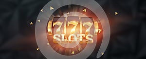 Slots creative background, Lucky seven 777 on Slot machine, dark golden style. Casino concept, luck, gambling, jackpot, banner,