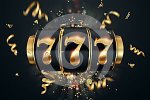 Slots creative background, Lucky seven 777 on Slot machine, dark golden style. Casino concept, luck, gambling, jackpot. 3D render