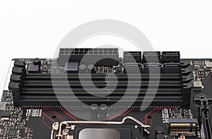 Slots for DDR4 memory in motherboard, isolated on white backgro