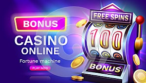 Slots free spins 100, promo flyer poster, banner game play. Vector illustration