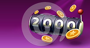 Slots free spins 2000, promo flyer poster, banner game play. Vector illustration