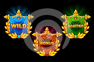 Slots icons, vector collections symbols wild, bonus and scatter. For game, user interface, application, interface, slots