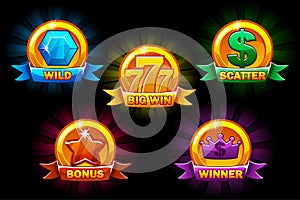Slots icons, collections wild, bonus, scatter and winner symbols. For game, user interface, application, interface