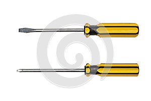 Slotted screw driver and phillips screw driver yellow colors isolated on white background photo
