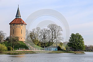 Slottsparken park pond and old tower panorama, Malmo, Sweden photo