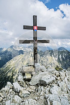 Slovak double cross. Krivan peak, High Tatras mountains, Slovakia