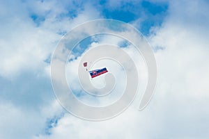 SLOVAK FLAG FLYING ON THE SKY IN AIRSHOW SIAF ABOVE AIRPORT SLIAC in Slovakia