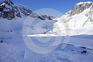 Slovak High Tatras in winter. Kotlina Piatich Spisskych plies