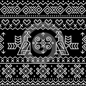 Slovak traditional folk art vector seamless geometric pattern with brids swirls, zig-zag shapes inspired by traditional painted ar